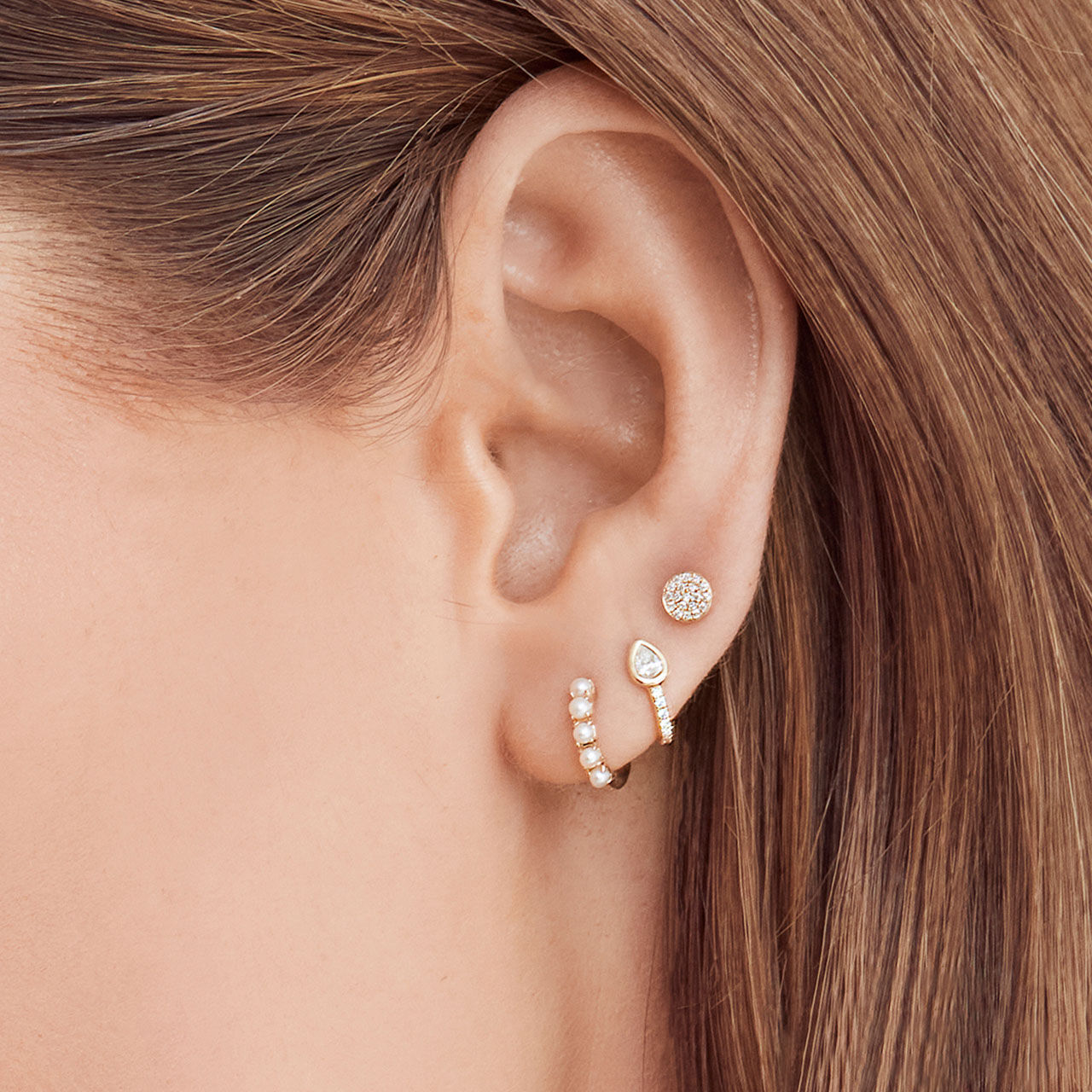 Yellow Gold Stud Earrings with Diamond Pave On Model image number 1